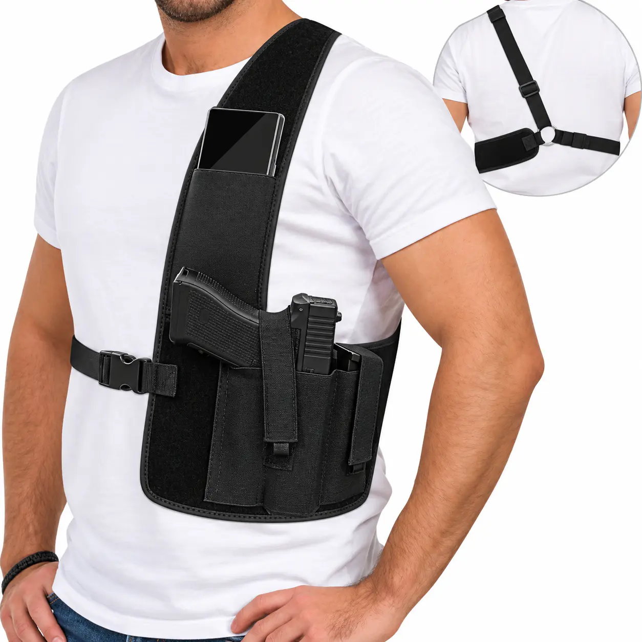 Funda Sobaquera Elástica de Hombro para Pistola y Celular - Uso Interno y Externo