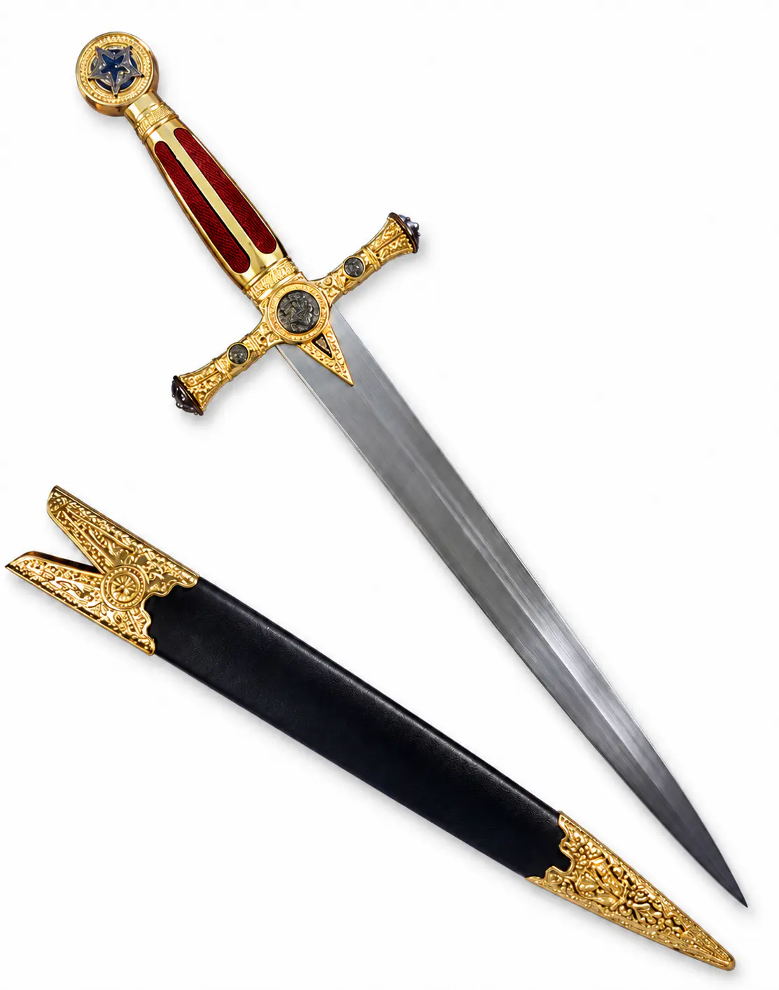 Espada Daga Masónica Ceremonial Roja y Dorada con Funda