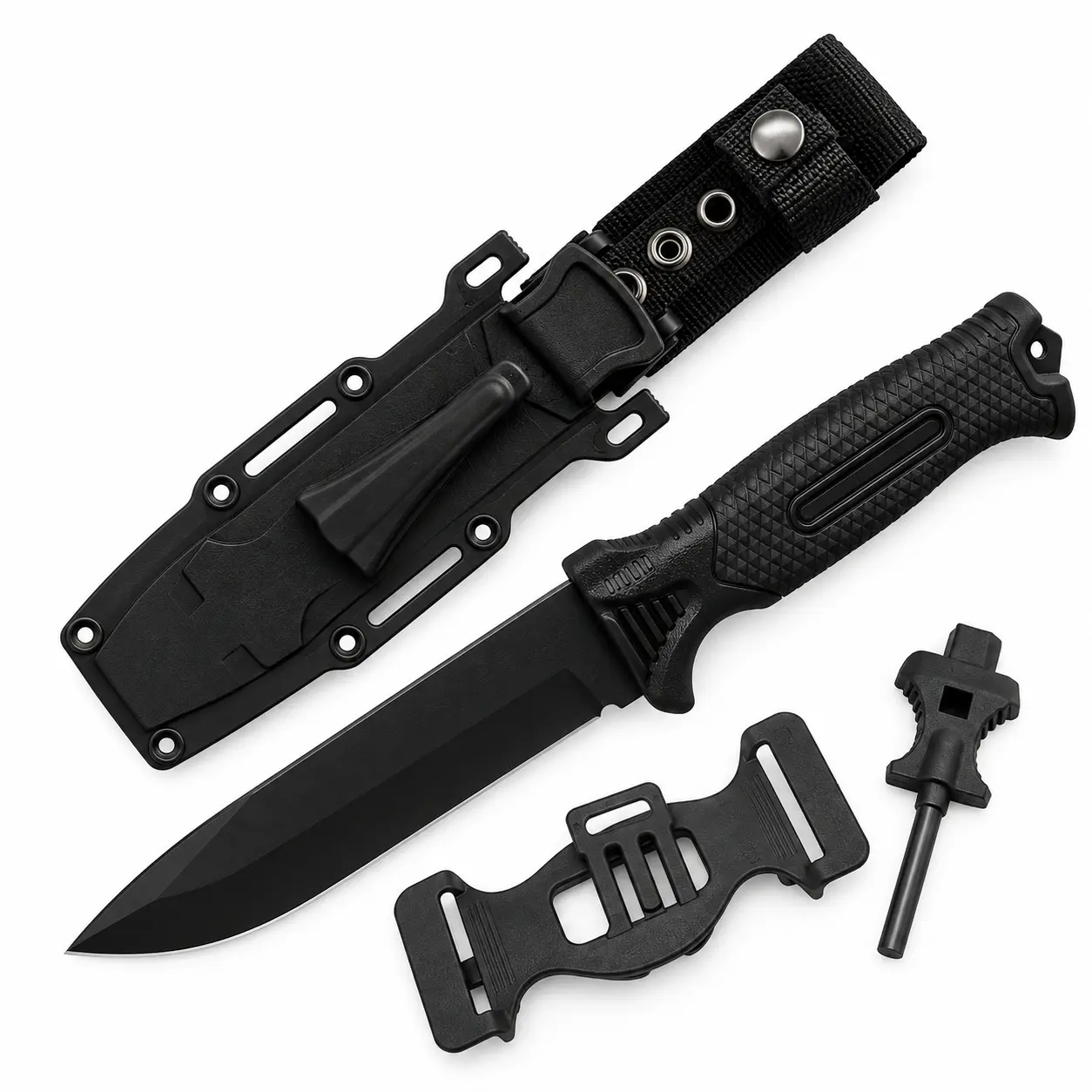 Cuchillo Outdoor Negro con Funda, Pedernal y Clip – Camping, Pesca y Supervivencia20519