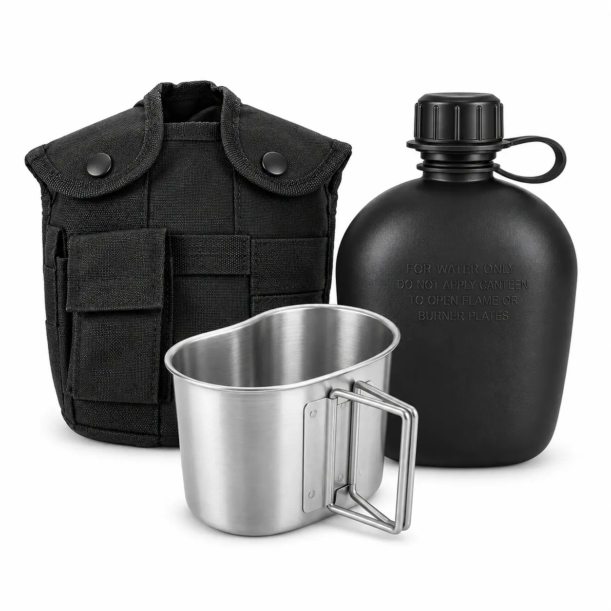 Cantimplora Militar Negra con Taza Metálica y Funda Táctica – Camping, Pesca y Outdoor: fotografía del catálogo de Ativa
