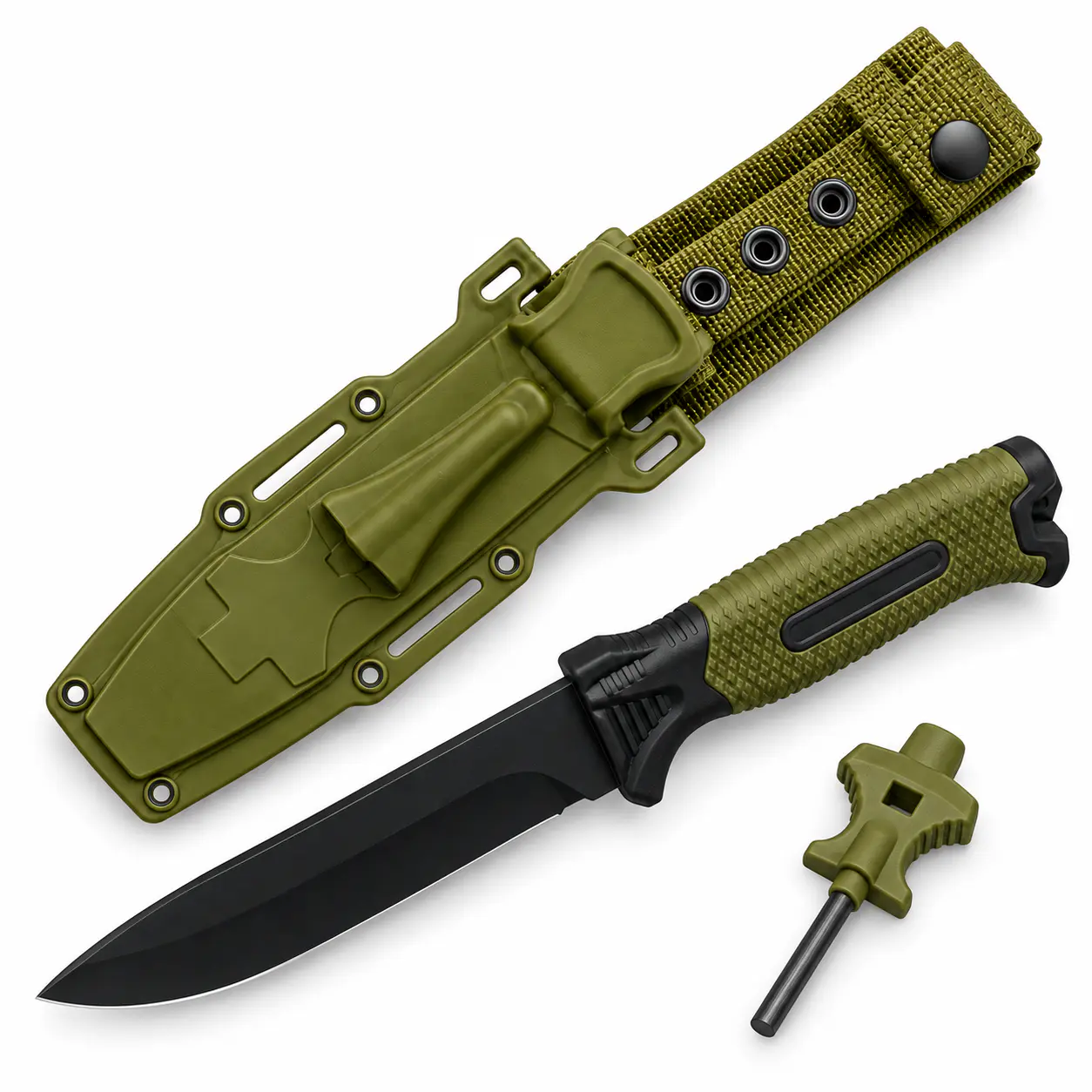 Cuchillo Outdoor Verde Oliva con Funda y Pedernal – Camping, Pesca y Supervivencia